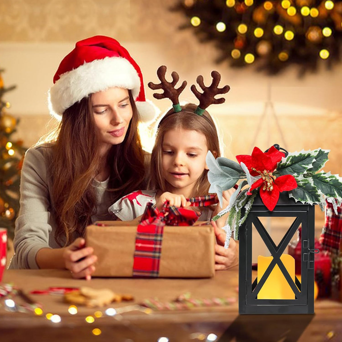 Christmas Decorative Lanterns 2 Pack 12 Inch with Timer Candles Xmars Decor | 12 inch black metal Christmas lanterns