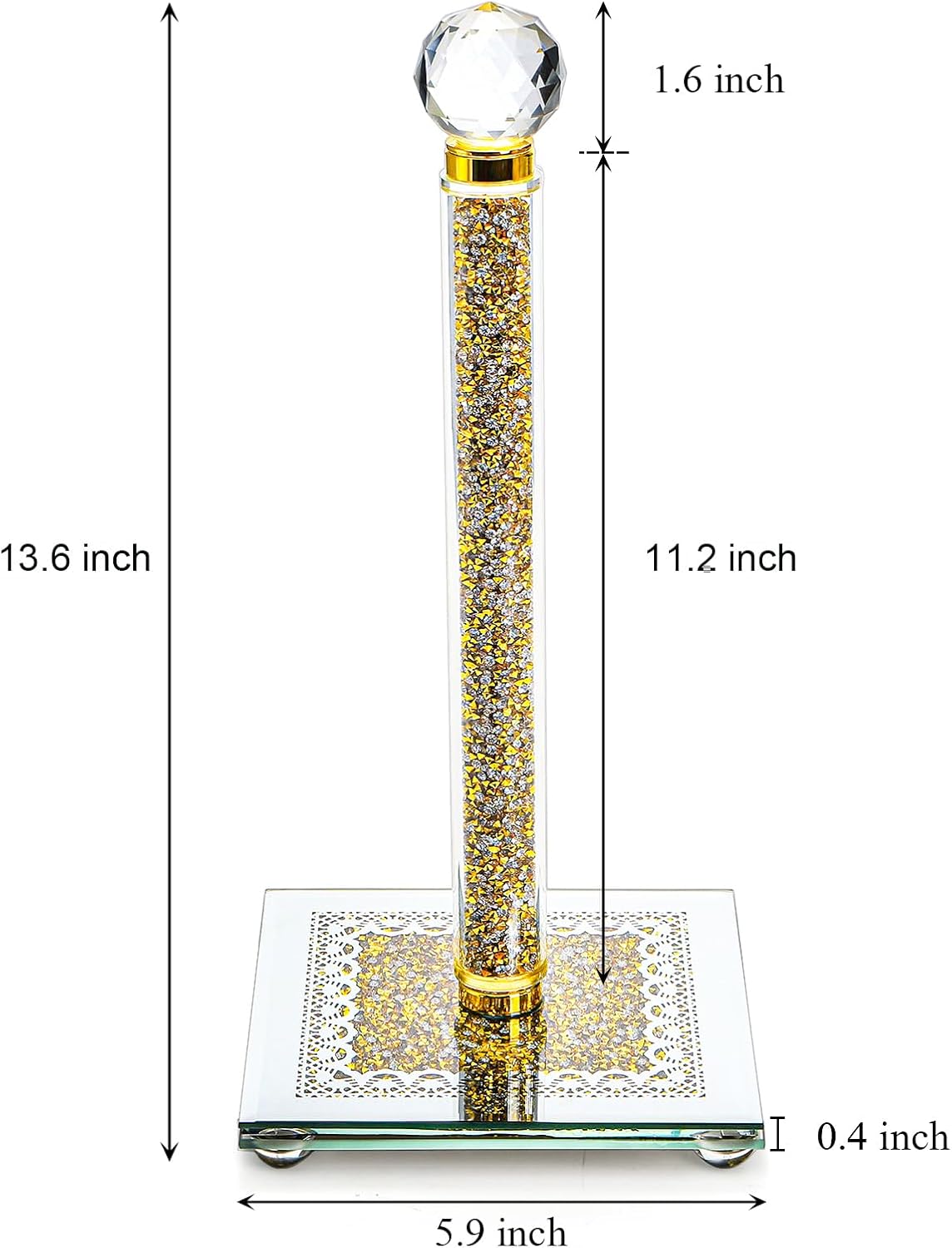 Paper Towel Holder, Gold Paper Towel Roll Dispenser Stand Weighted Base Non Slip Filled with Sparkly Crystal Crushed