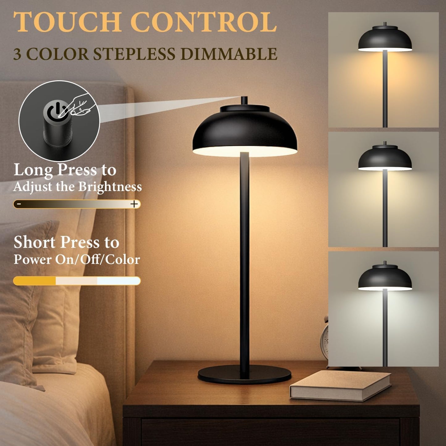 Cordless Table Lamps, Rechargeable LED Touch Lamp, Black, 2 Pack | Waterproof, 5000mAh battery, 3 color temperatures