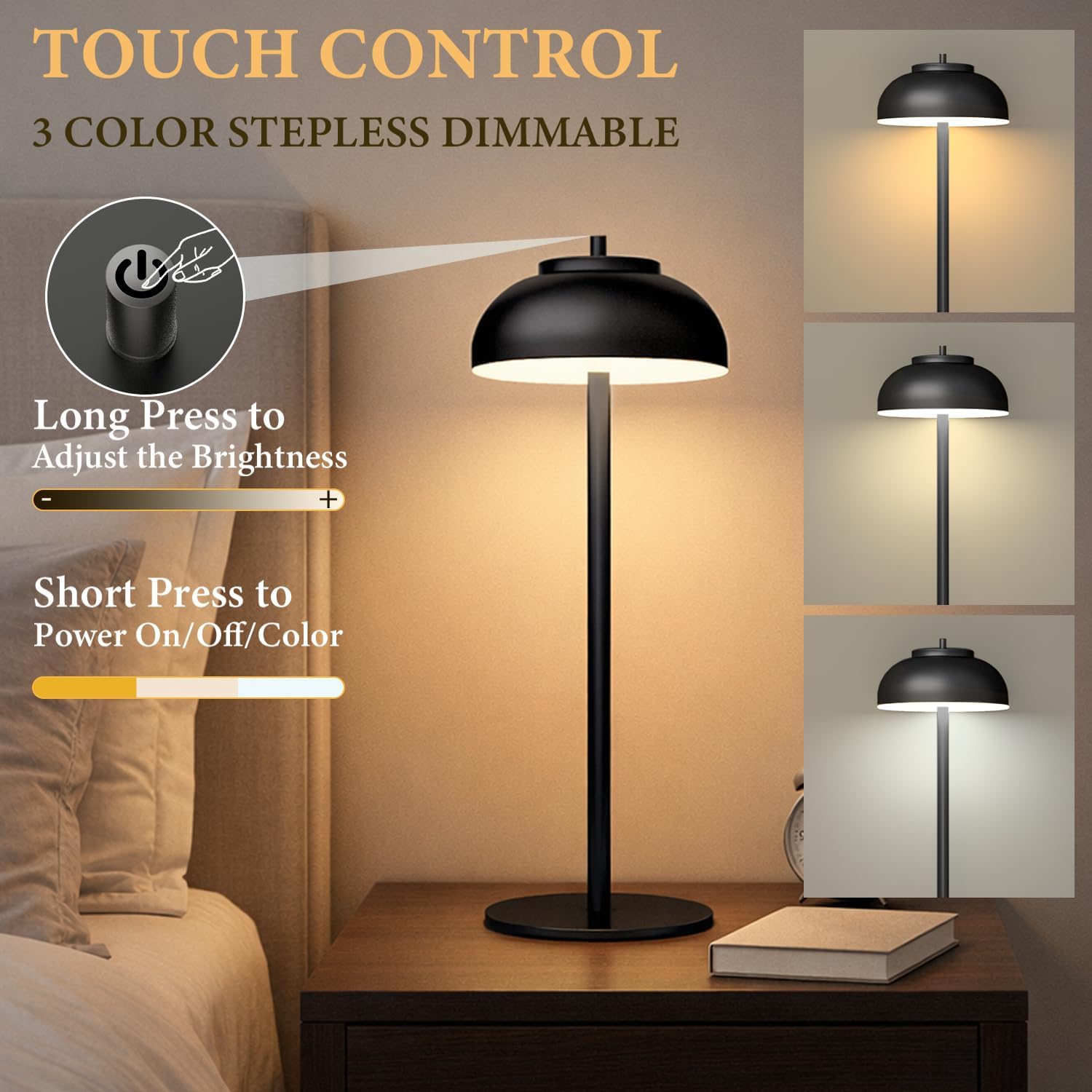Cordless Table Lamps, Rechargeable LED Touch Lamp, Black, 2 Pack | Waterproof, 5000mAh battery, 3 color temperatures