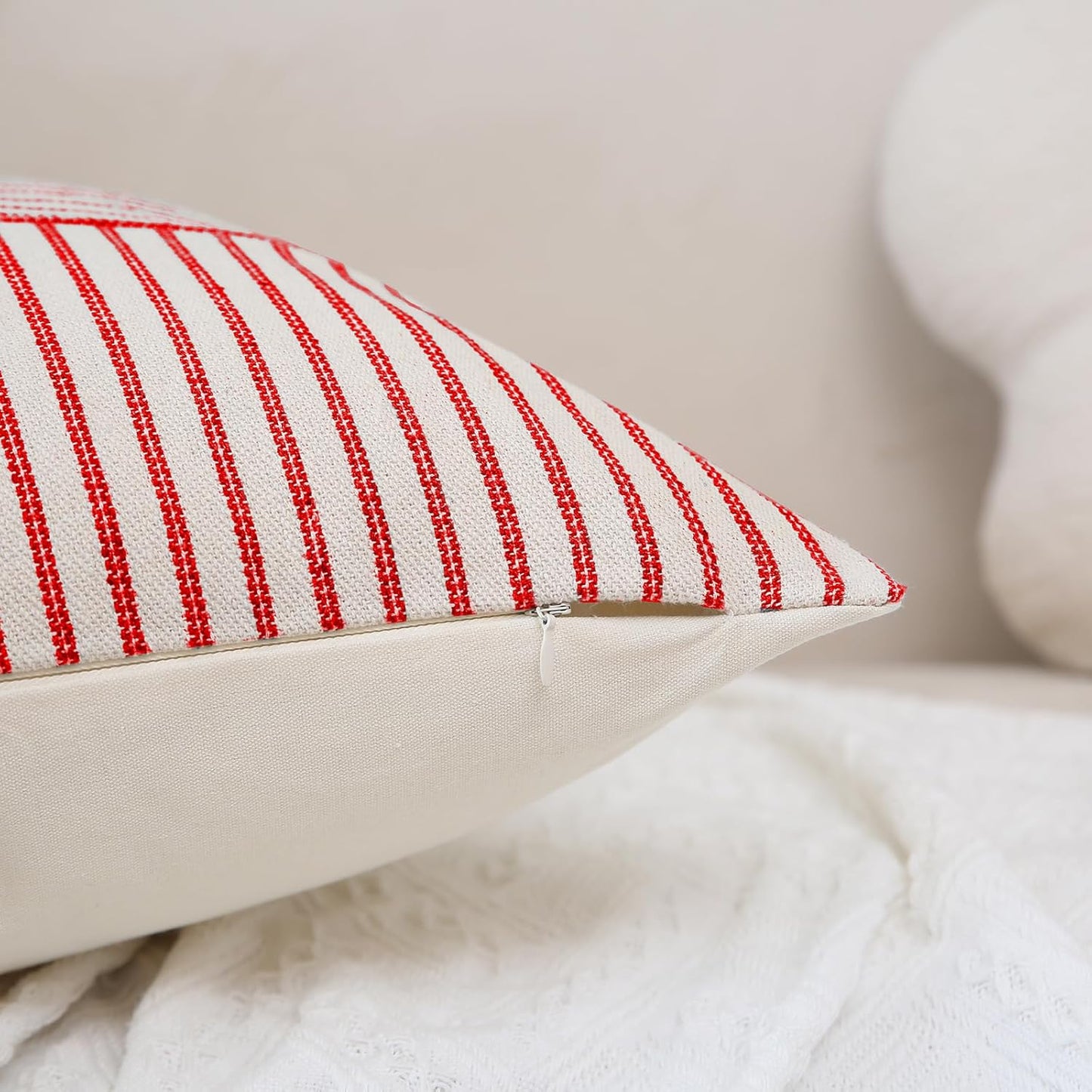 Striped Linen Decorative Pillows Cushion Covers / Red / 18 x 18 / Set of 2
