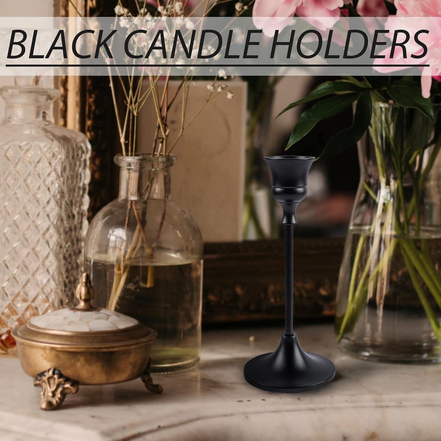BEZURA Black Taper Candle Holders Set of 6,Aluminum Alloy Candlestick Holders for Candlesticks Vintage Metal Candle