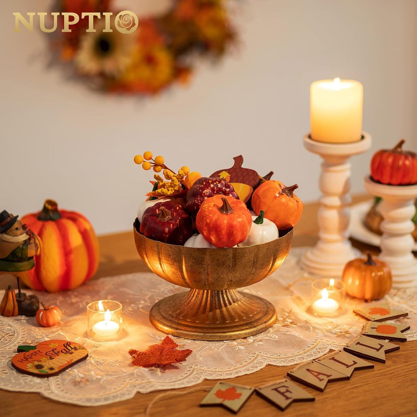 NUPTIO Gold Compote Vase for Centerpiece, 8.5" Wide Opening, 2 Pcs | Distressed Brass Urn, Short Pedestal Footed Bowl