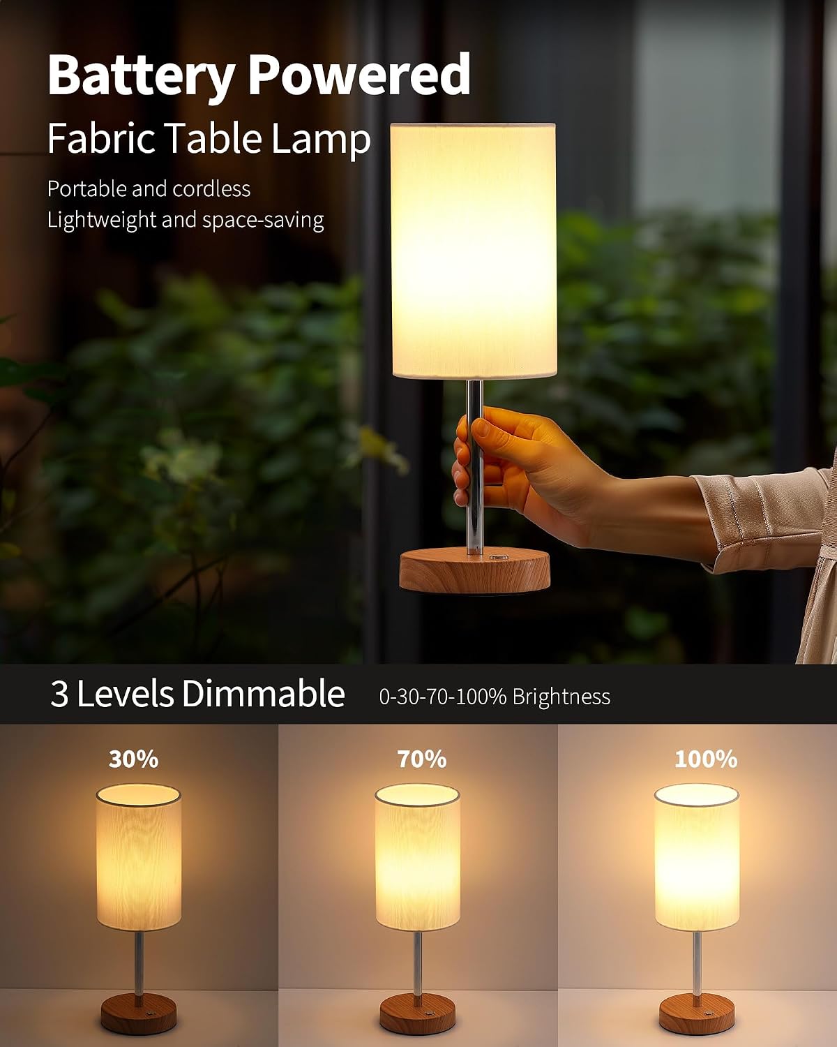 KDG Simple Cordless Table lamp, Portable Bedside 4000mAh LED Desk Lamp | Chrome / Wood-Grain, 3 Brightness Levels