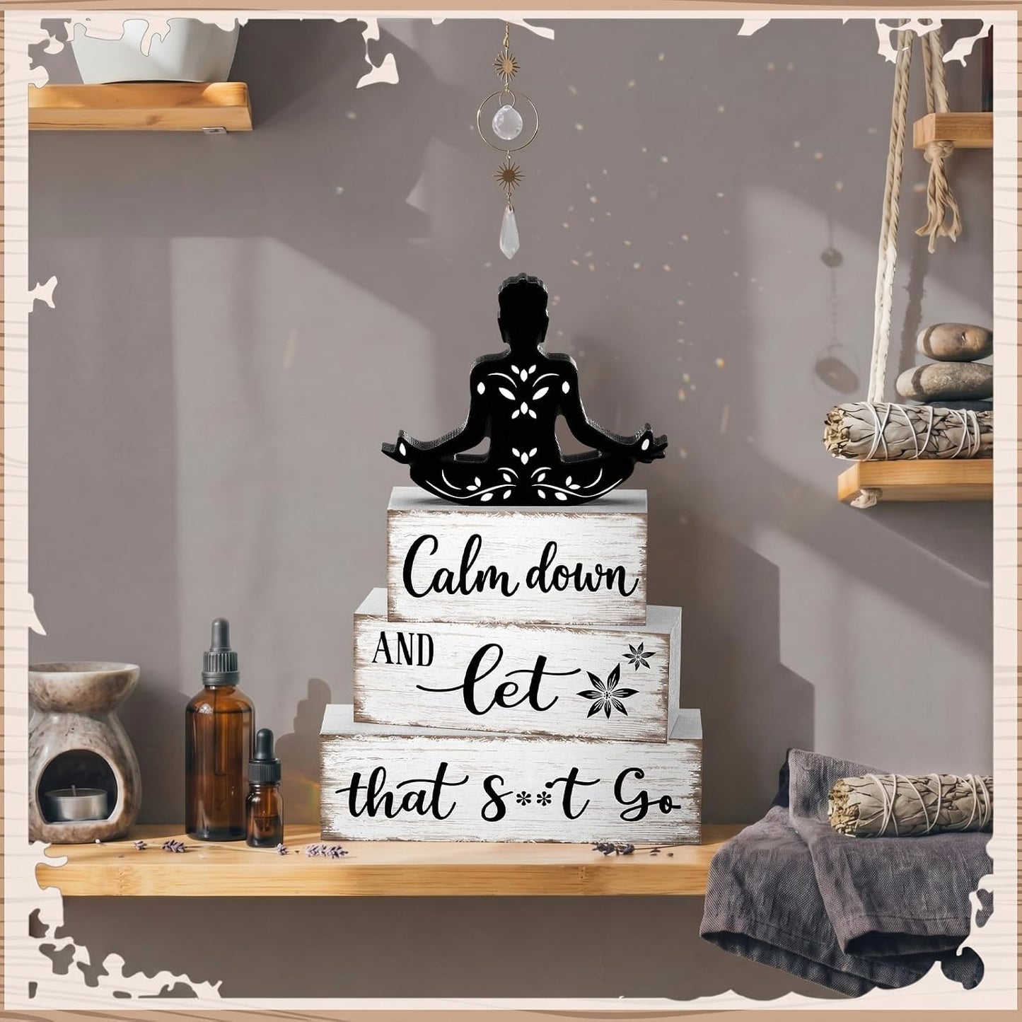 Funny Bathroom Shelf Decor Calm Down and Wooden Block Sign Rustic Farmhouse / Let That Go / Set of 4