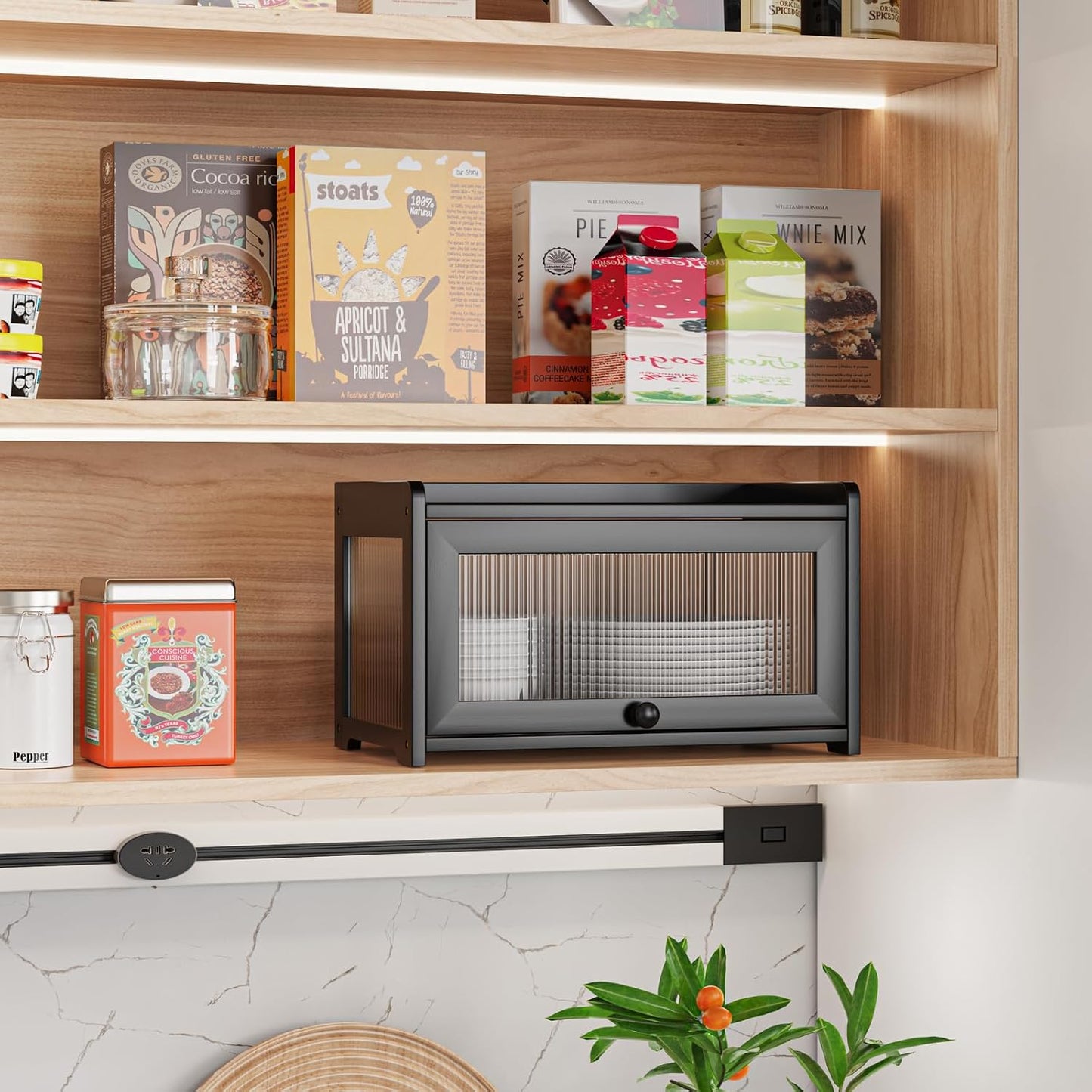 BAMBANG Bamboo Bread Box for Kitchen Countertop, Extra Large Farmhouse Bread Box with 4-Side Clear Panels, Wooden Bread