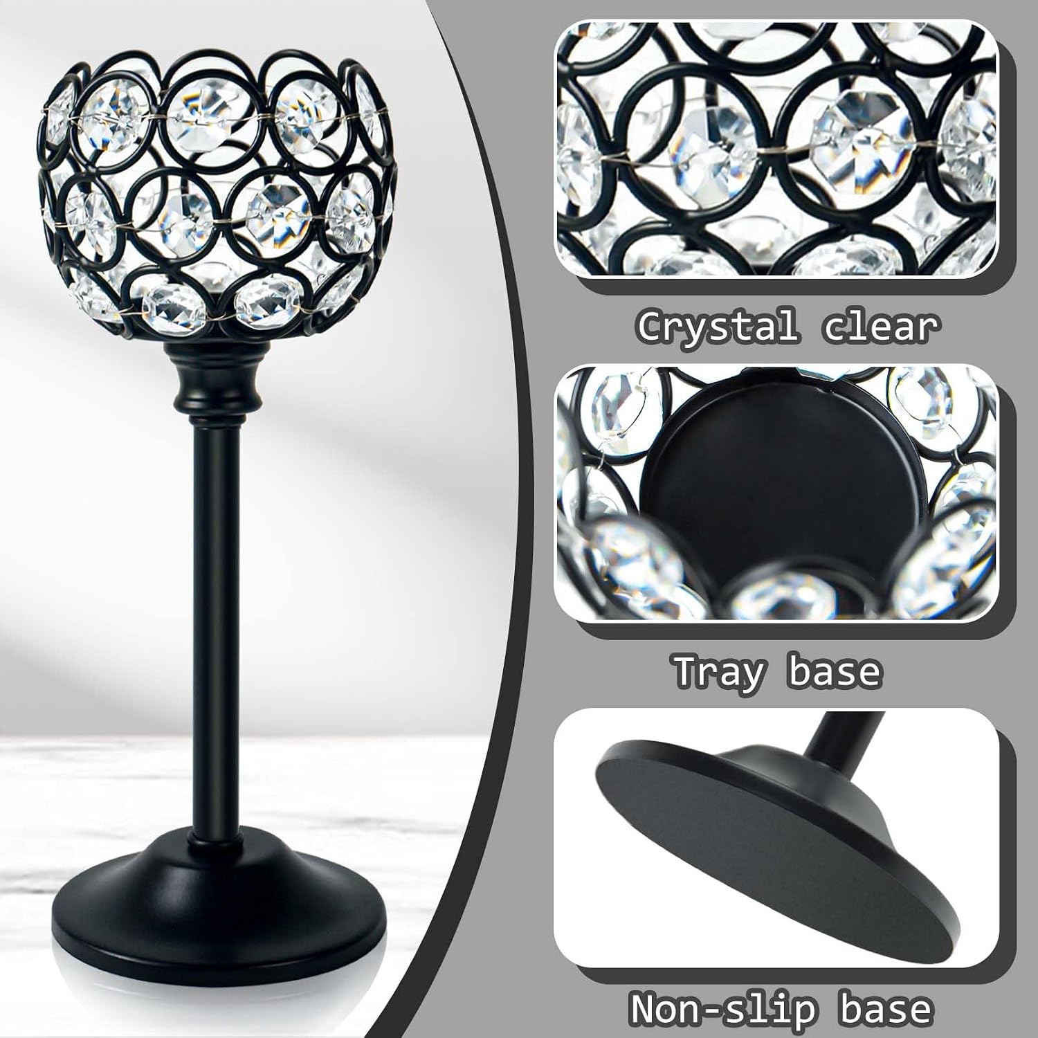 6pcs Crystal Candle Holder Set, 3 Sizes Tealight Candlestick Holders, Elegant Black Candelabra Bulk for Wedding Table
