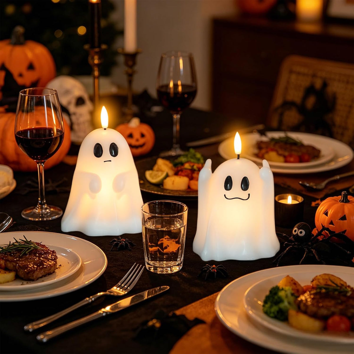 Wondise Spooky Ghost Halloween Flameless Candles with 6hrs Timer | Real Wax Battery Operated Candles 3D Flickering Wick