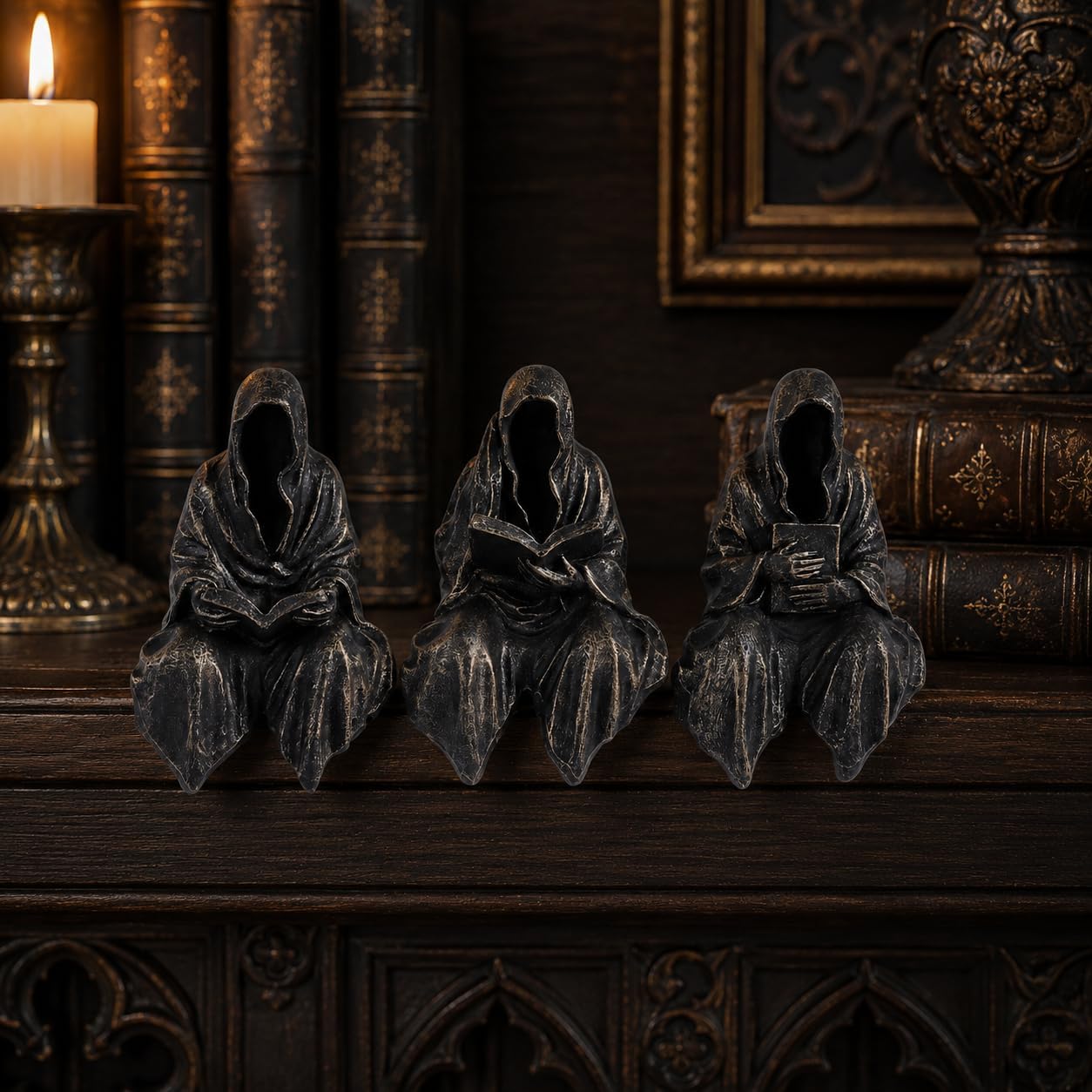 Gothic Grim Reaper Statue / Black Gold / Set of 3