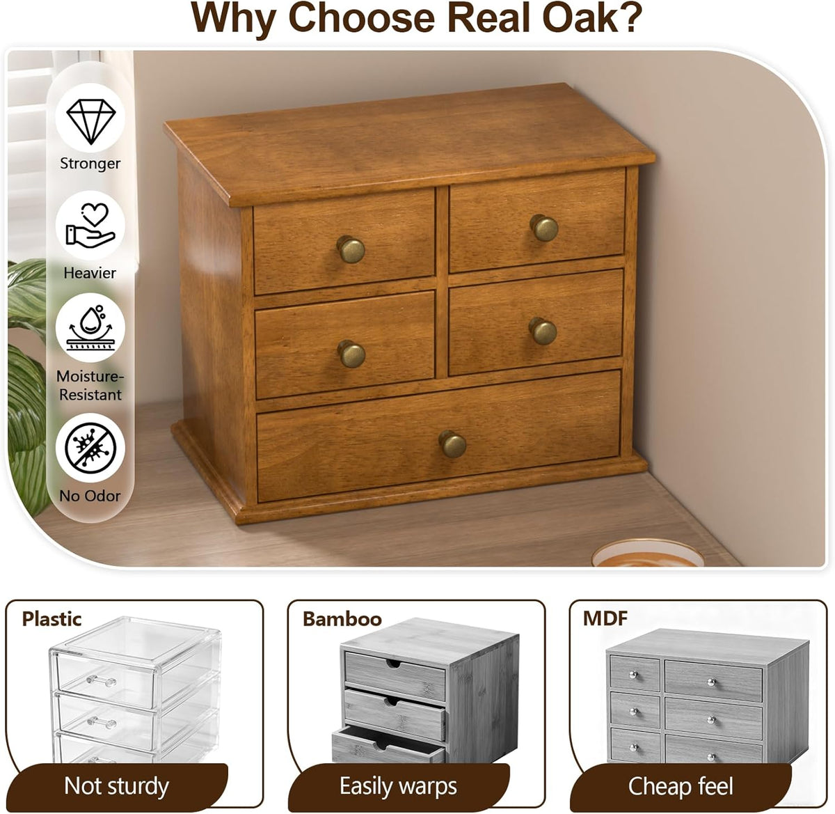 Oak Desk Organizer with Drawers, Durable Wooden Desktop Storage Box | 5 Drawer Tabletop Organizer with Metal Handles &
