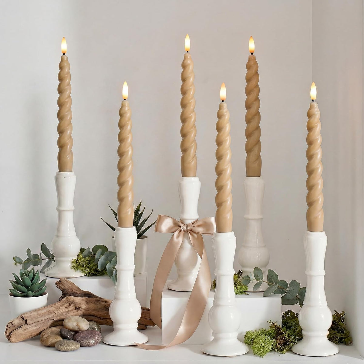 Full Twisted Spiral Flameless LED Taper Candles – Light Tan, Set of 6 – 2/4/6/8-Hr Timer (24-Hr Memory), Remote