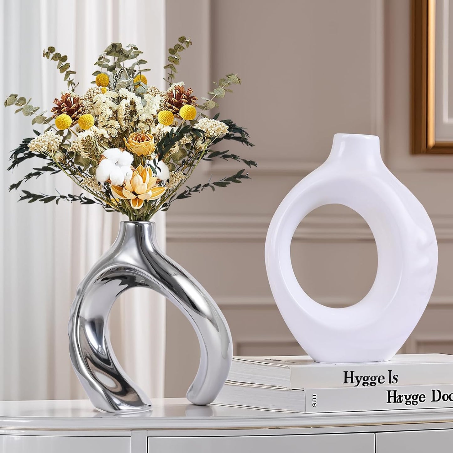 Round Boho Vase for Pampas Grass / White Silver / Set of 2