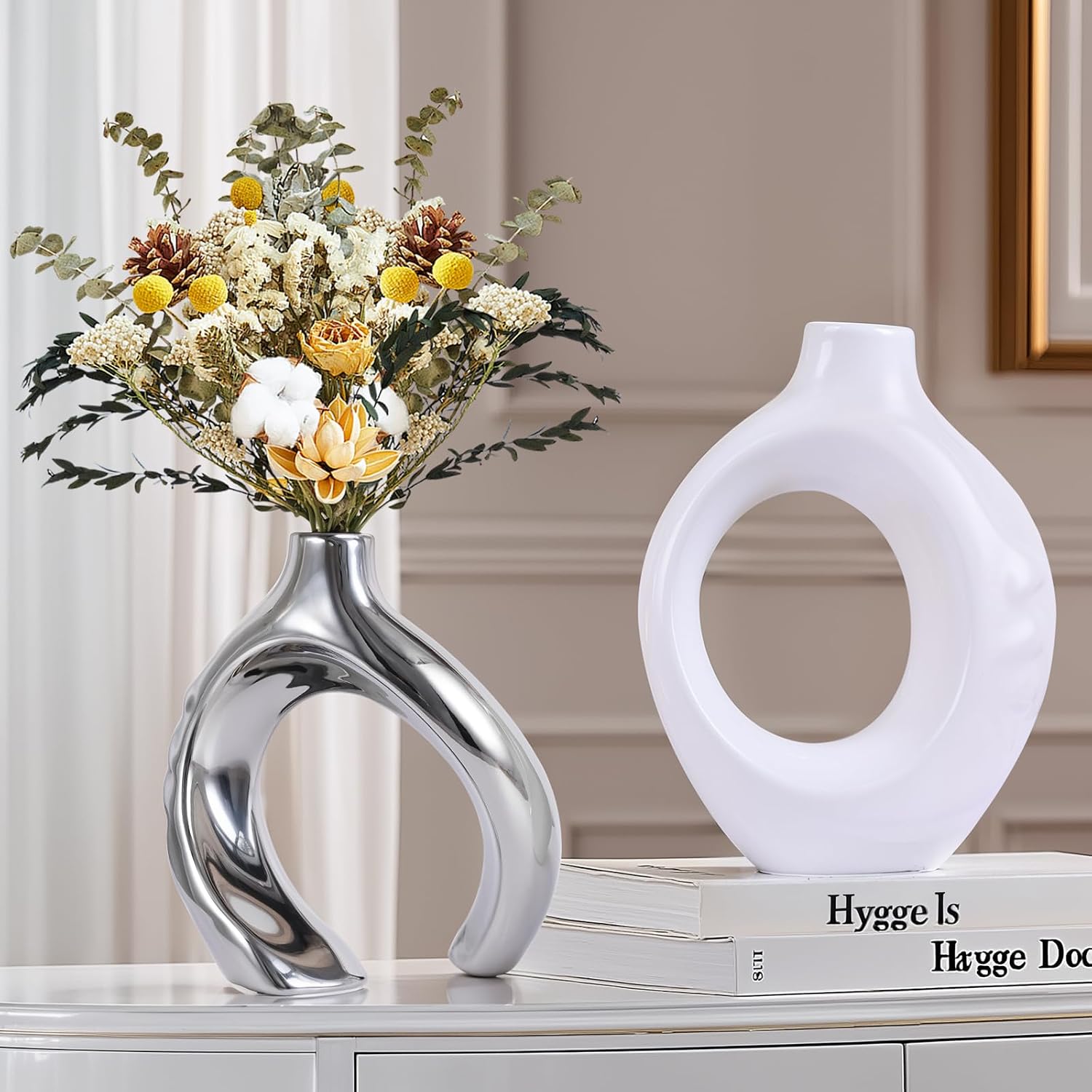 Round Boho Vase for Pampas Grass / White Silver / Set of 2