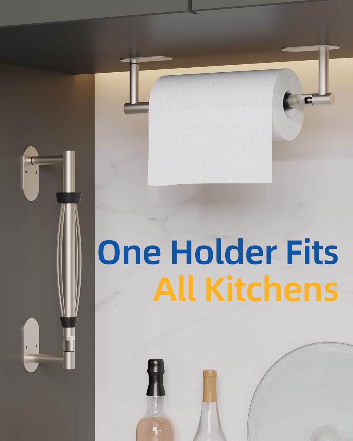 RUACQ Paper Towel Holder Under Cabinet, One Hand Tearing, Silver | Damping Effect, Drill Wall Mount & Adhesive, Round