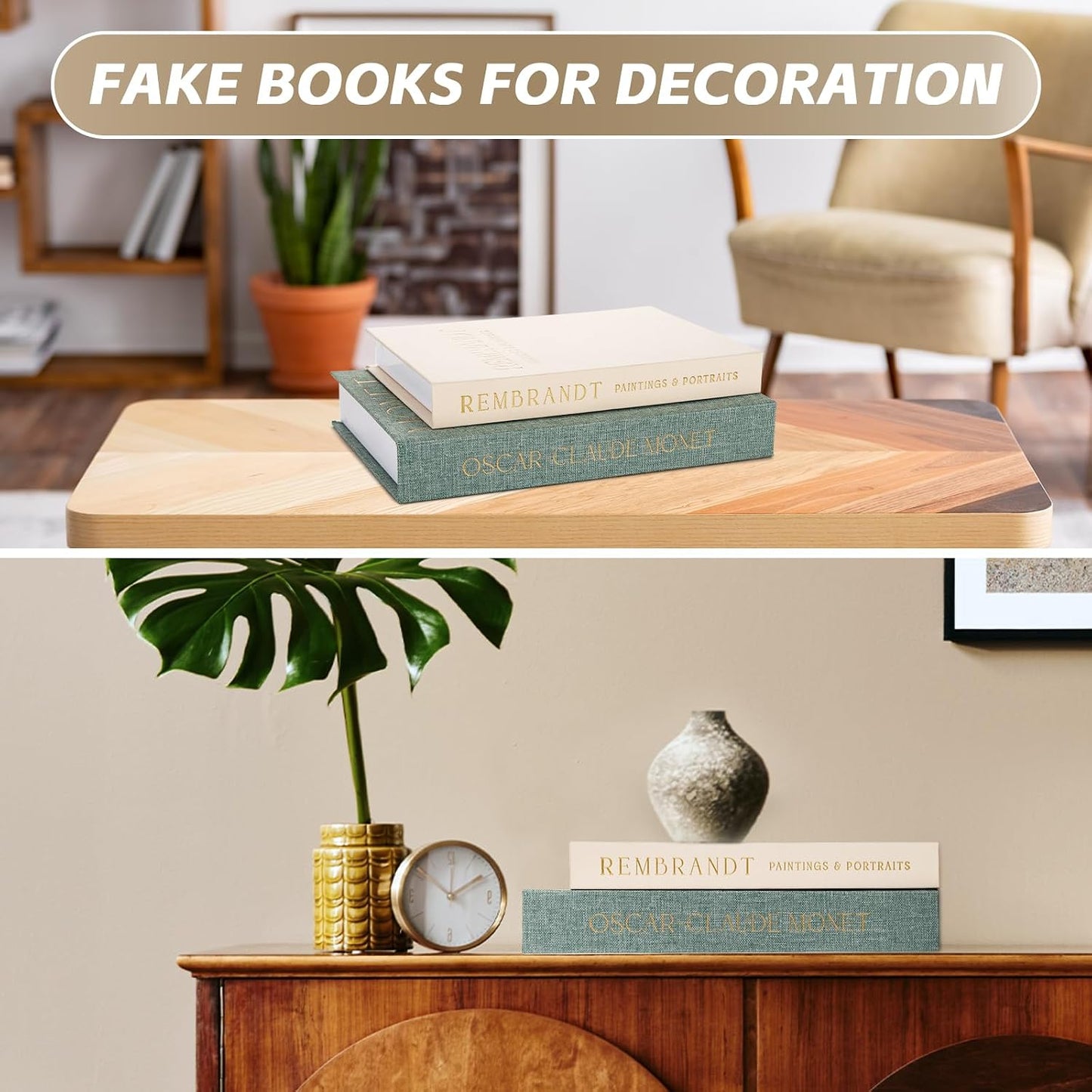 Linen Book Boxes Decor Coffee Table Bookshelf or Mantle / Green-beige / Set of 2
