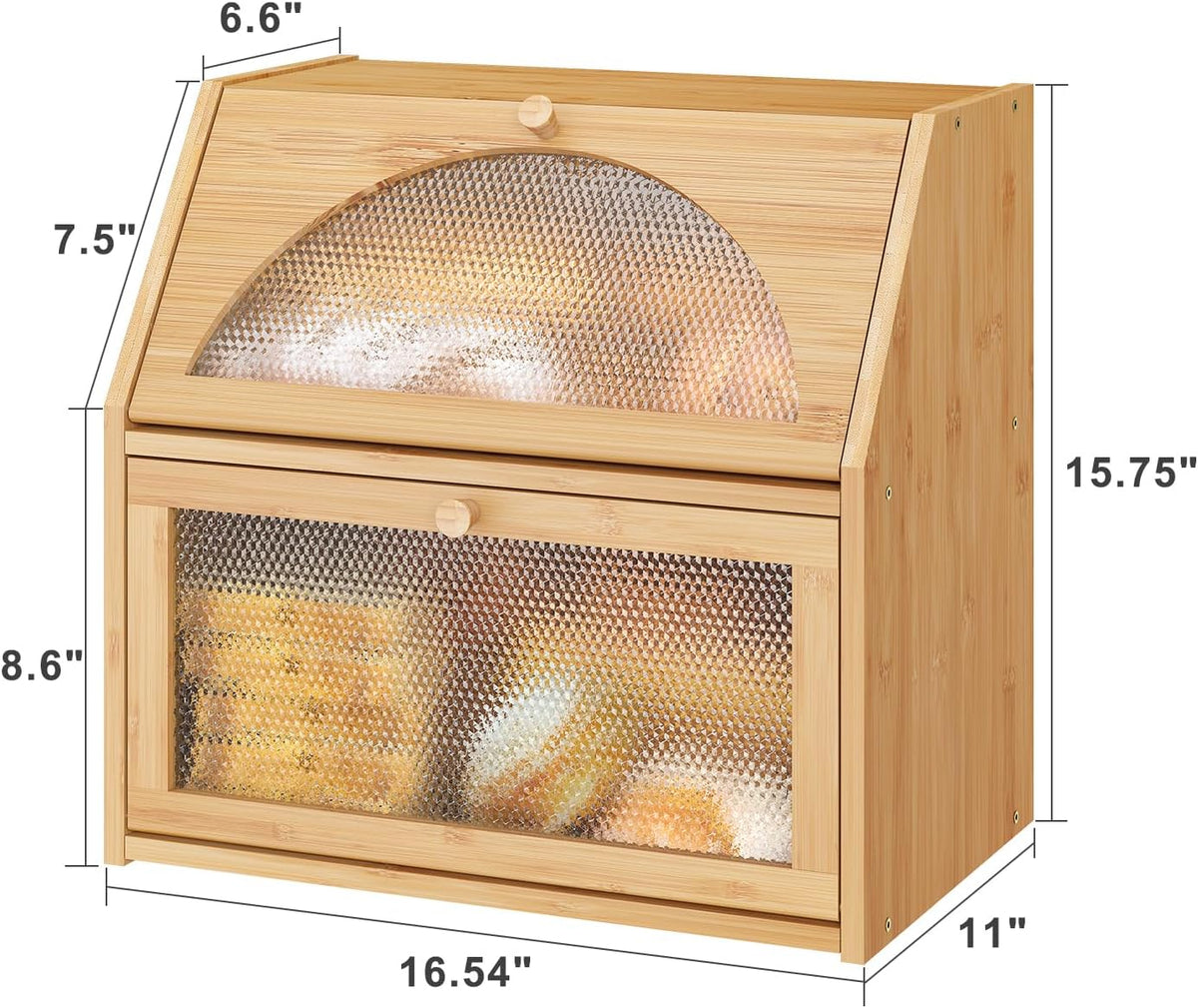 Extra Large Bread Box for Kitchen Counter, Bamboo Wood Double Layer Bread Box for Kitchen Counter, Wooden Capacity