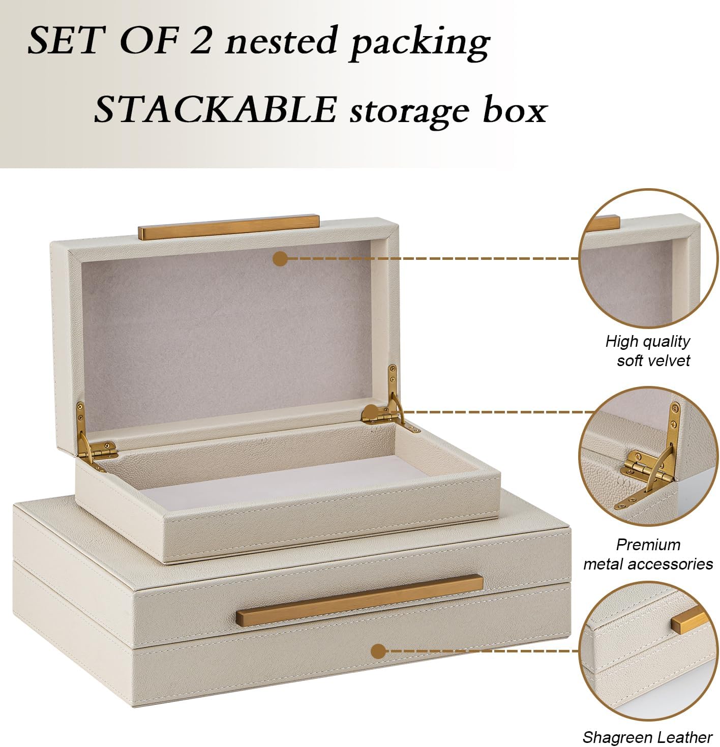 Faux Leather Jewelry & Memory Boxes / Beige+gold Handles / 14.2 In / Set of 2