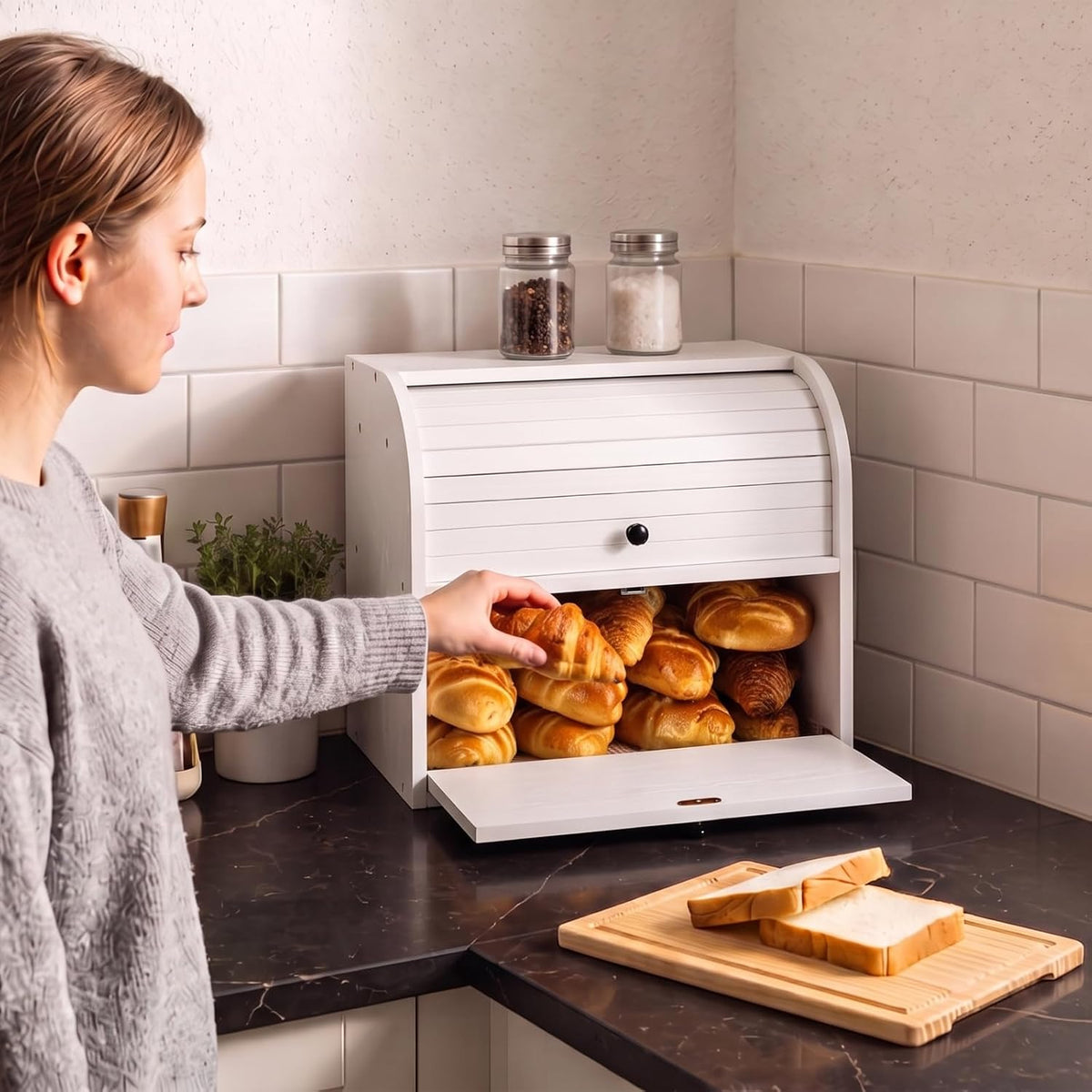 Alpeir Roll Top Bread Box with Cutting Board for Kitchen Countertop, White | Large Breadbox with Ventilation Holes