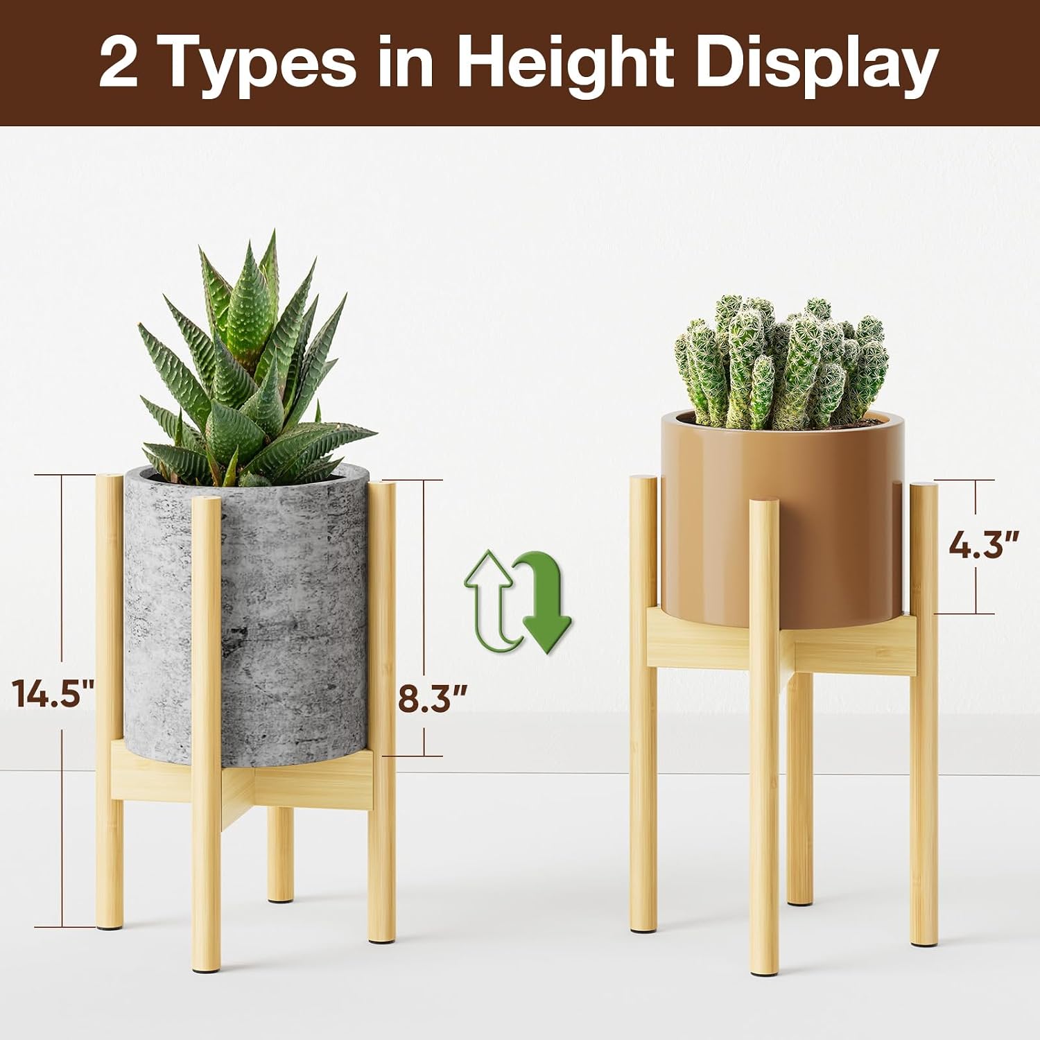MUDEELA Plant Stand for Indoor, Bamboo Material, Natural, 14.5 Inch Tall | Adjustable Width Fits 8-12 Inch Pot