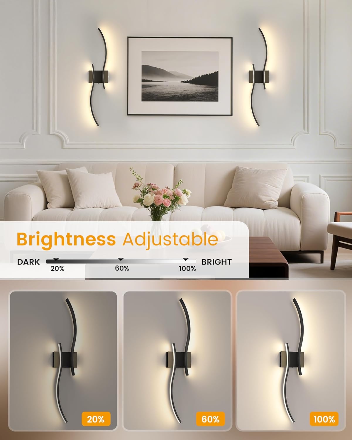 27.6 Inch Battery Operated Wall Sconce Set of 2, Black Modern Rechargeable Wall Lights with Remote, 3CCT Dimmable