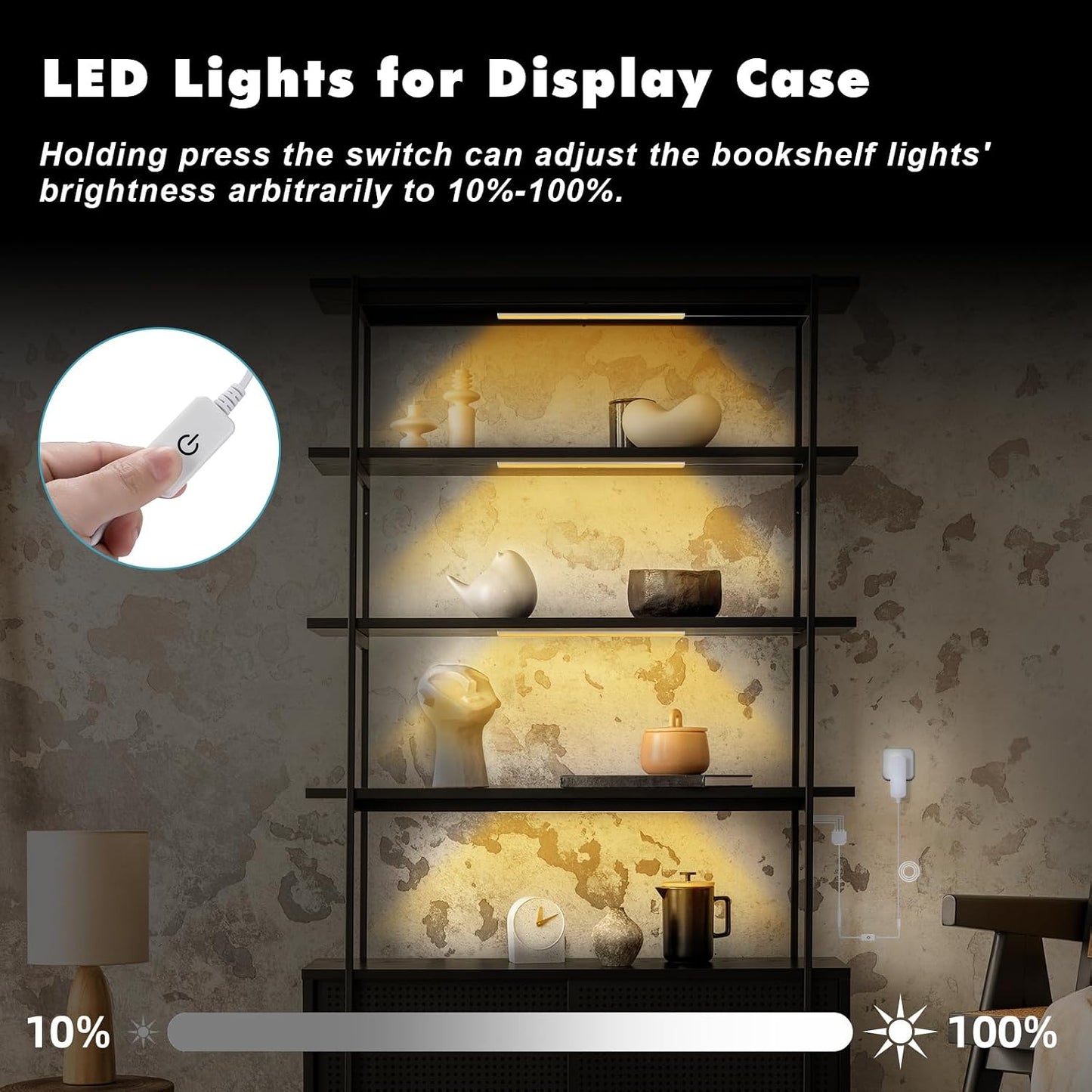 JUSJUBR 4PCS x 12inch Display Cabinet Lights Warm White, Dimmable LED Shelf Lighting with Memory Function, Bookshelf