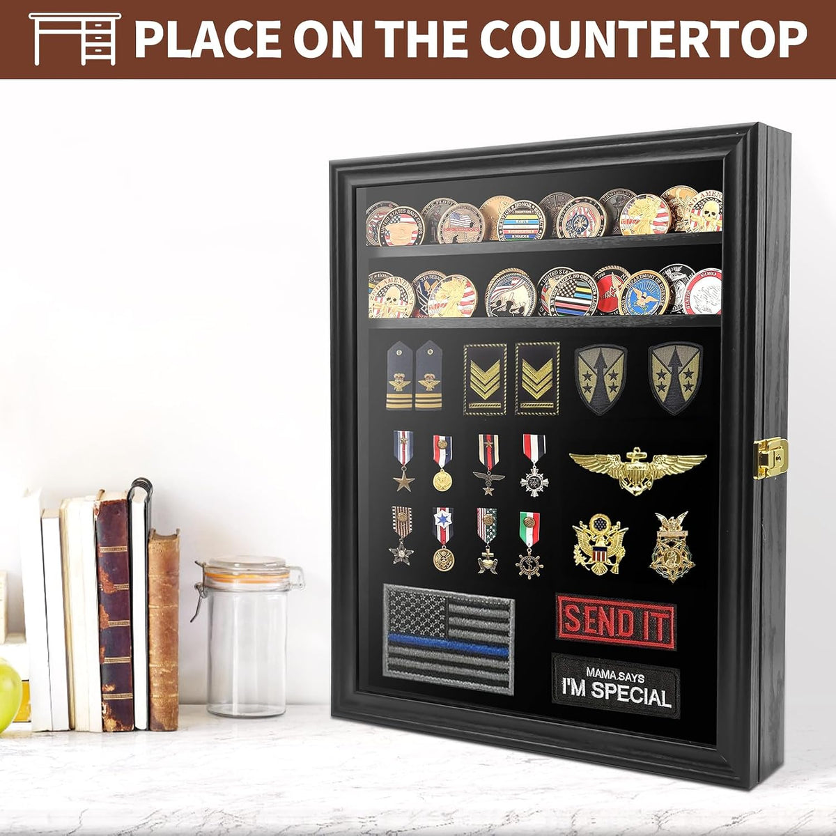 Challenge Coin Display Case, 7 Rows Lockable Military Coin Display Cabinet with UV Acrylic Door, Removable Shelves &