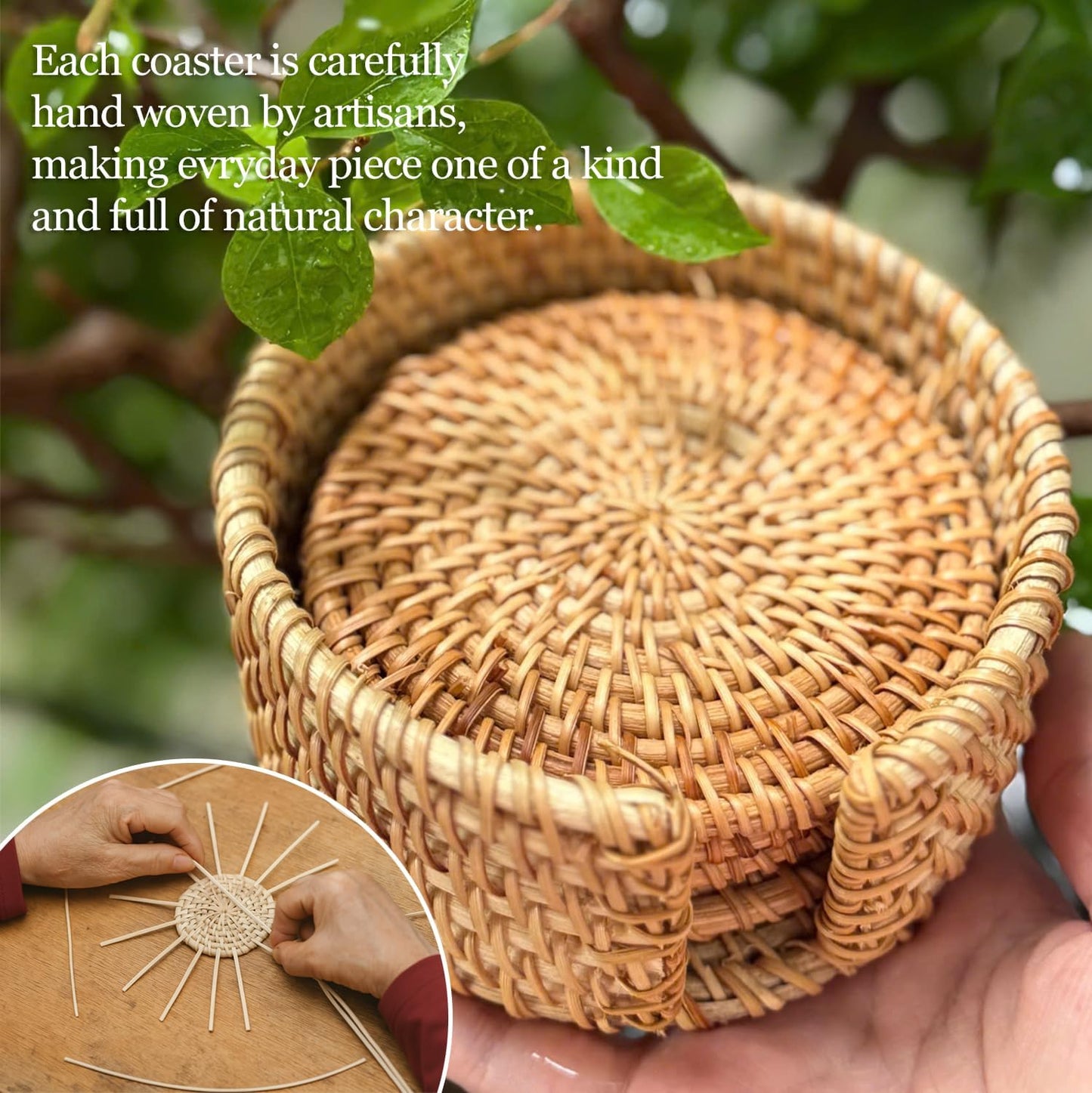 Holder / Set of Handmade Rattan Coasters / Natural Rattan / Set of 6