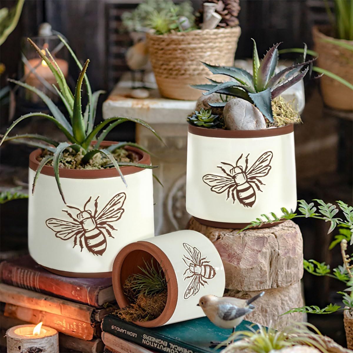 YBX Terracotta Pots / 8+6+4 Inch / White Bee