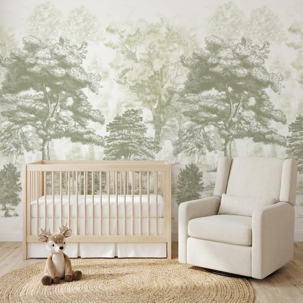Vintage Forest Wall Murals Peel and Stick 144" W x 100" H Canvas Waterproof / Sage Green / 144 x 100
