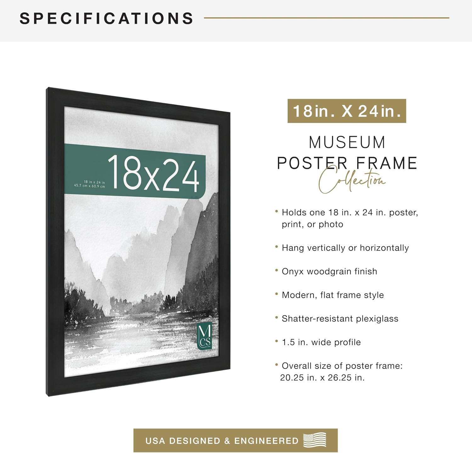 MCS Museum Poster Frame, 18x24, Onyx Woodgrain | Museum Collection Poster Frame For Photos & Art Prints, 18x24 Inch