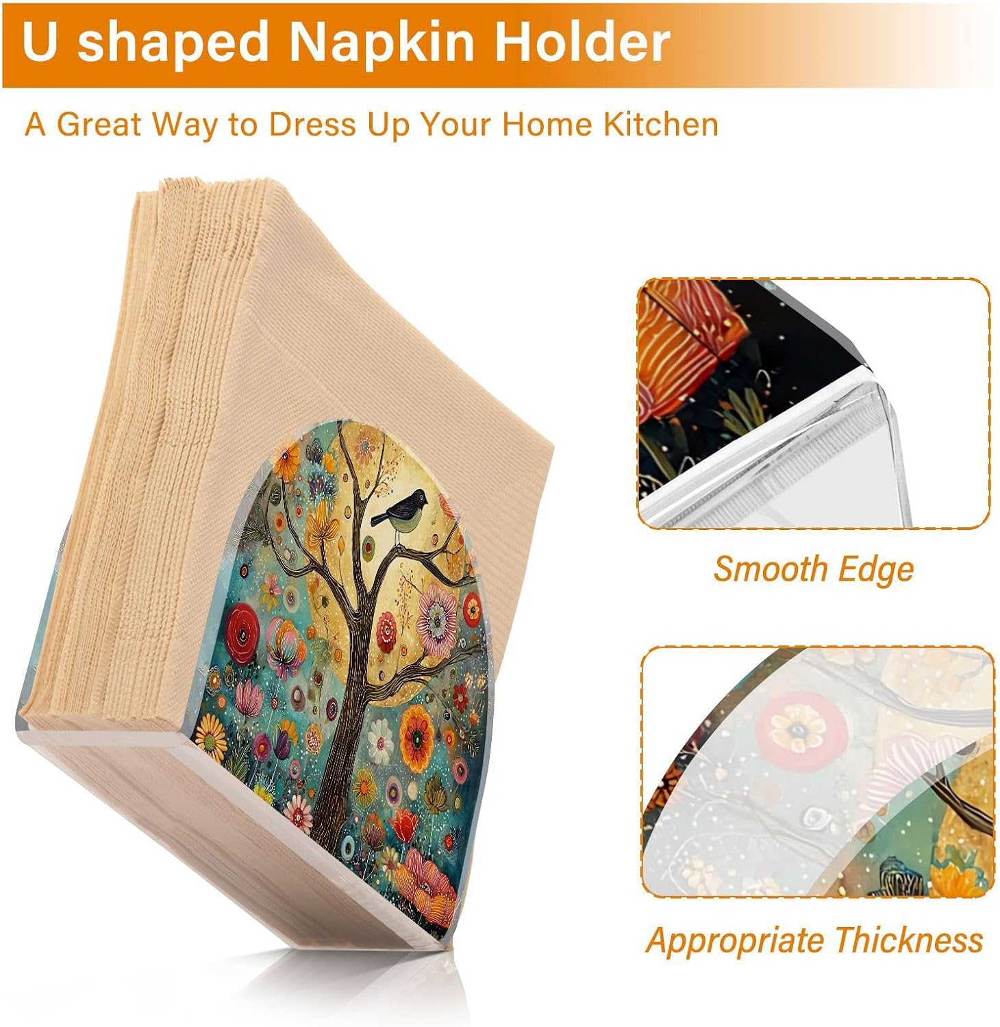 Napkin Holder Acrylic Tissue Dispenser Non-Slip Holds 50-60 Napkins Freestanding / Tree of Life