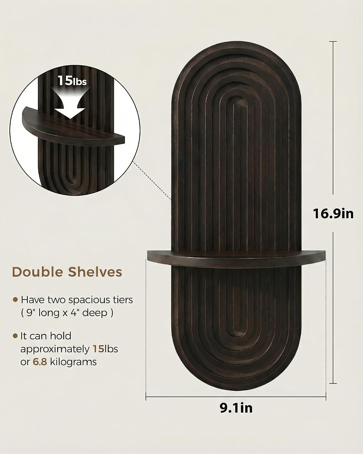 Boho Wall Decor Plant Wall Shelf / Walnut / 16.9'' Single / Brown