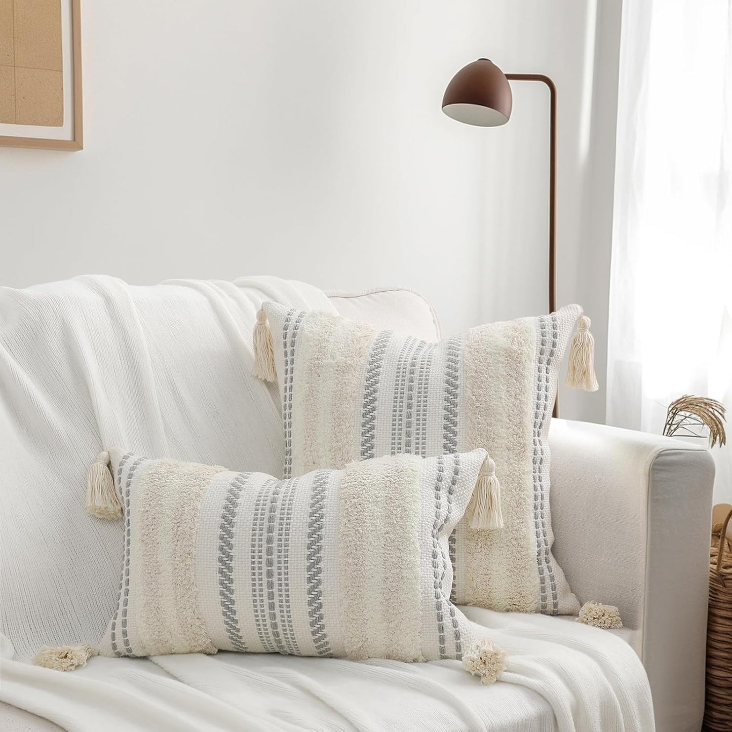 Summer Decorative Boho Throw Pillow Covers / 18 x 18 / Beige and Cream White / Set of 2