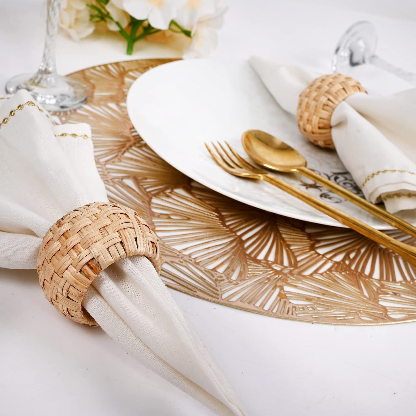 Alpha Living Home Cane Jute Napkin Rings, Natural, Set of 12 | Natural cane & plastic, 1.75x1.75 in, boho farmhouse