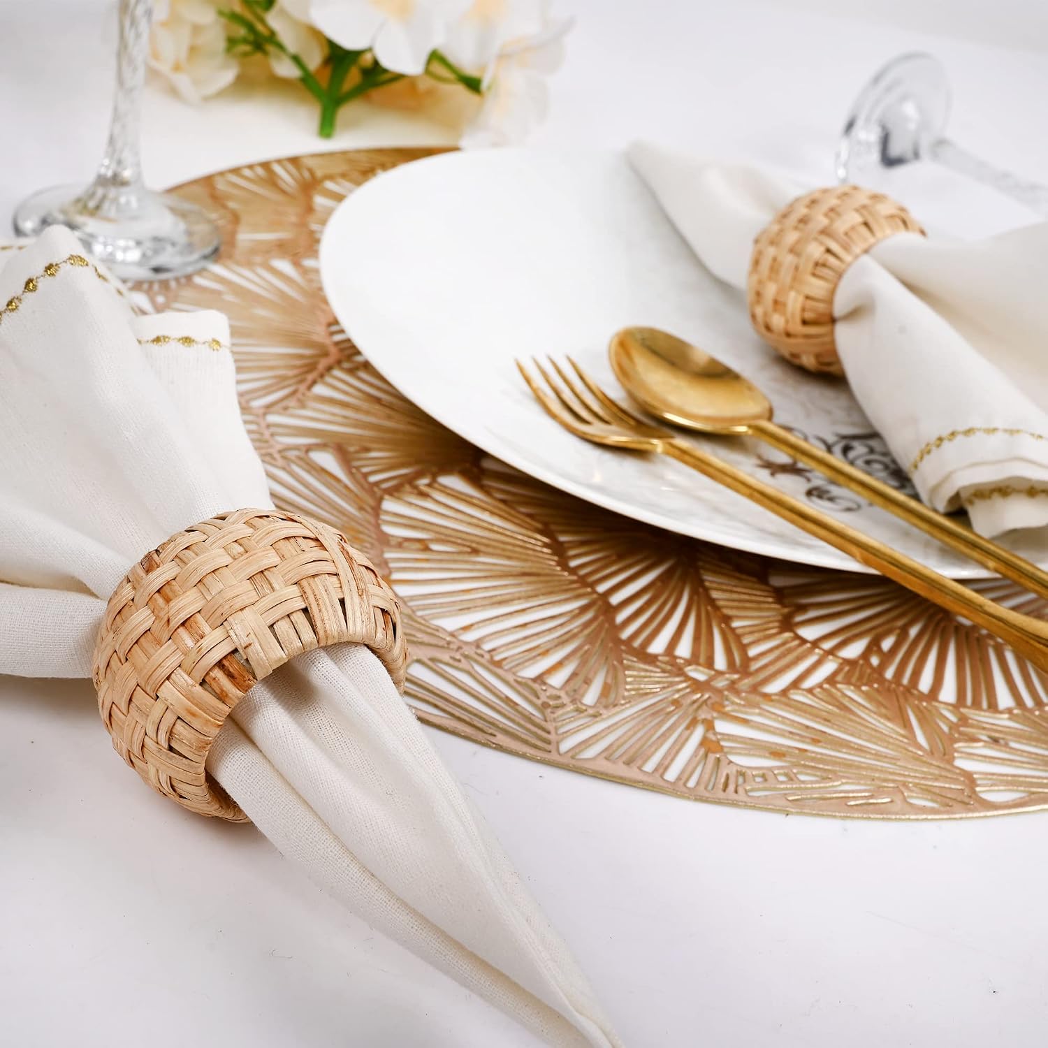 Alpha Living Home Cane Jute Napkin Rings, Natural, Set of 12 | Natural cane & plastic, 1.75x1.75 in, boho farmhouse