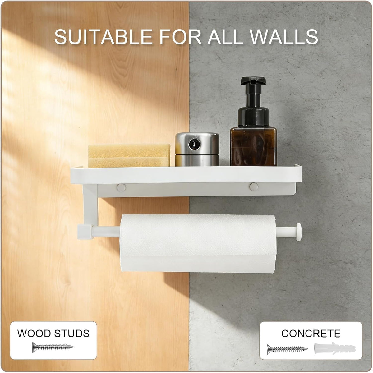 Paper Towel Holder Wall Mount with Shelf, Bathroom/Kitchen Paper Towel Holder, Effortless One-Handed Tear, Rust-Proof