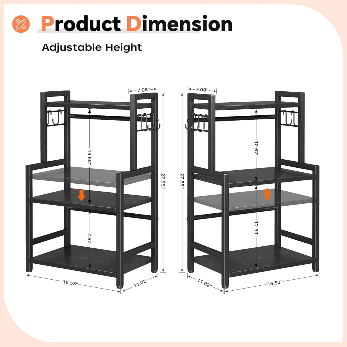 Kitchen Countertop Organizer, 3 Tier Large Spice Rack Organizer with Adjustable Shelf and 5 Hooks, Wooden Counter