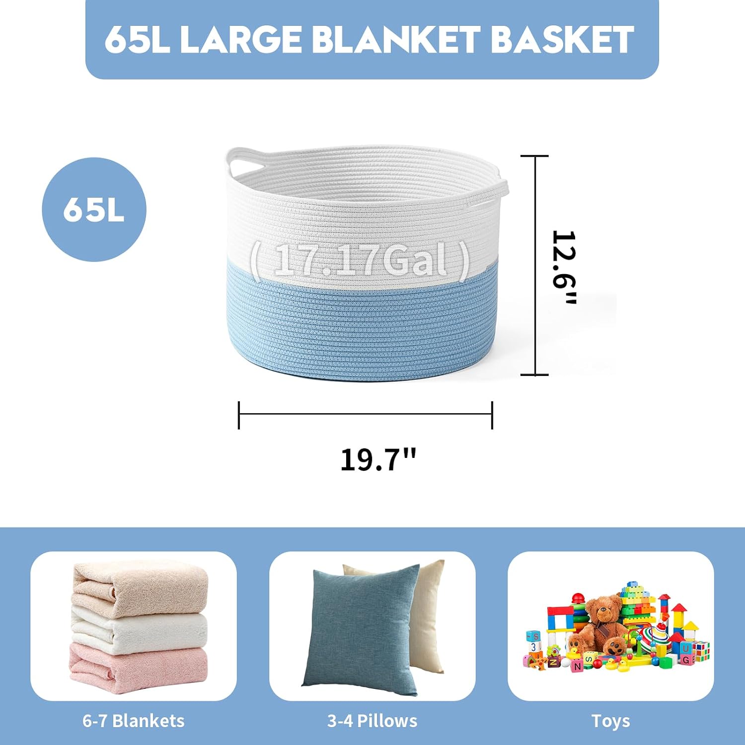 Collapsible Handle Cotton Rope Soft Woven Fabric Storage Organizer Clothes Toys / White & Blue / 65L