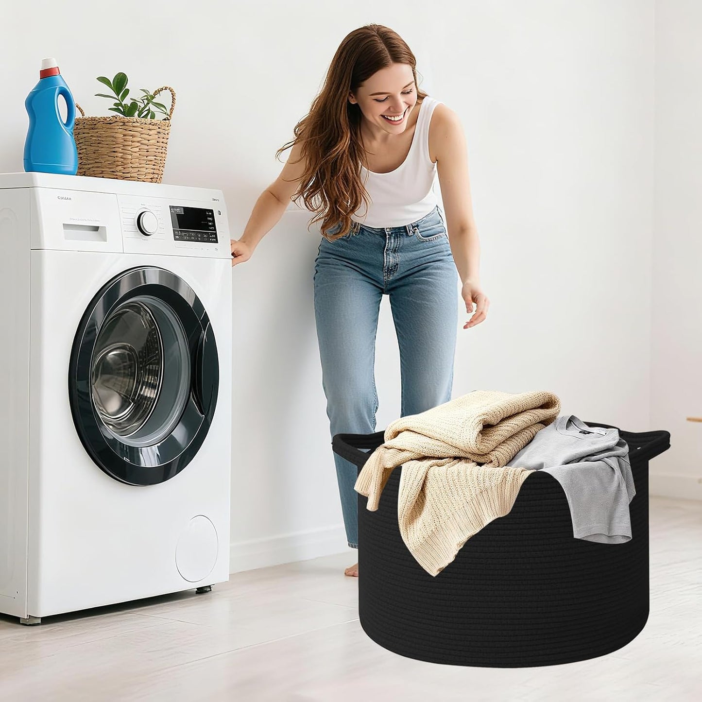Woven Rope Laundry Basket Hamper / Black / 19.7"L x 19.7"W x 13"H