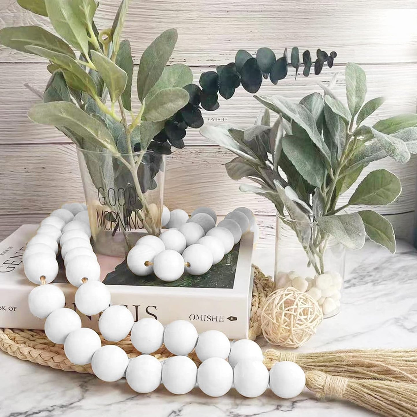 76" Long Extra Large Wood Bead Garland / 4 White / 76 Inches