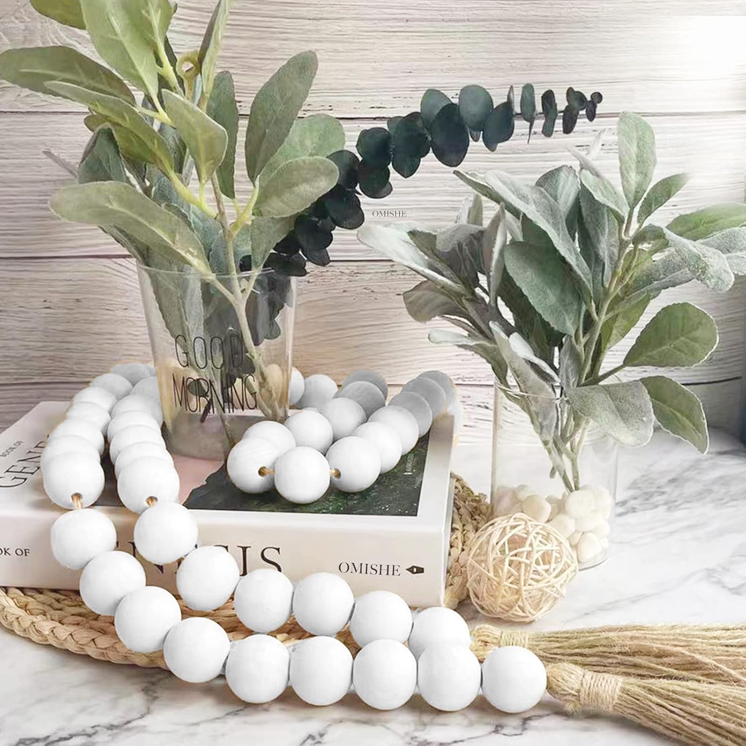 76" Long Extra Large Wood Bead Garland / 4 White / 76 Inches