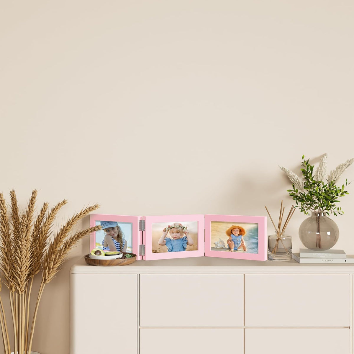 decorUhome Pink Triple 6x4 Picture Frame Horizontal, MDPK08 | "Z" Shape Folding Design Engineered Wood Trifold Photo