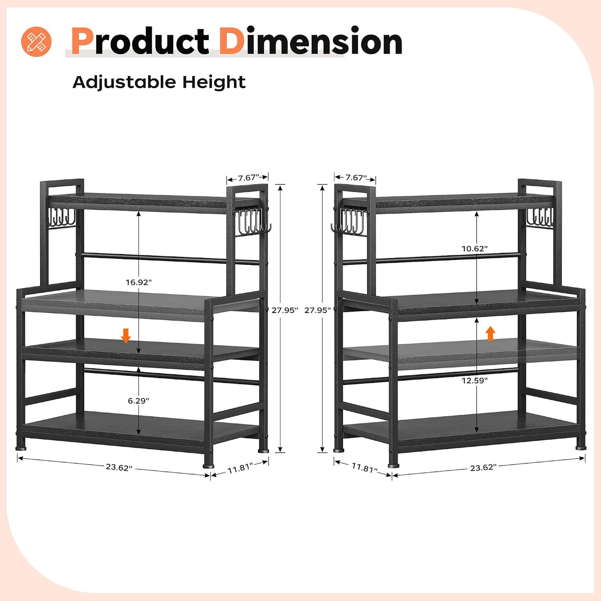 23.6"W Large Kitchen Countertop Organizer, 3 Tier Spice Rack Organizer with Adjustable Shelf and 10 Hooks, Wooden