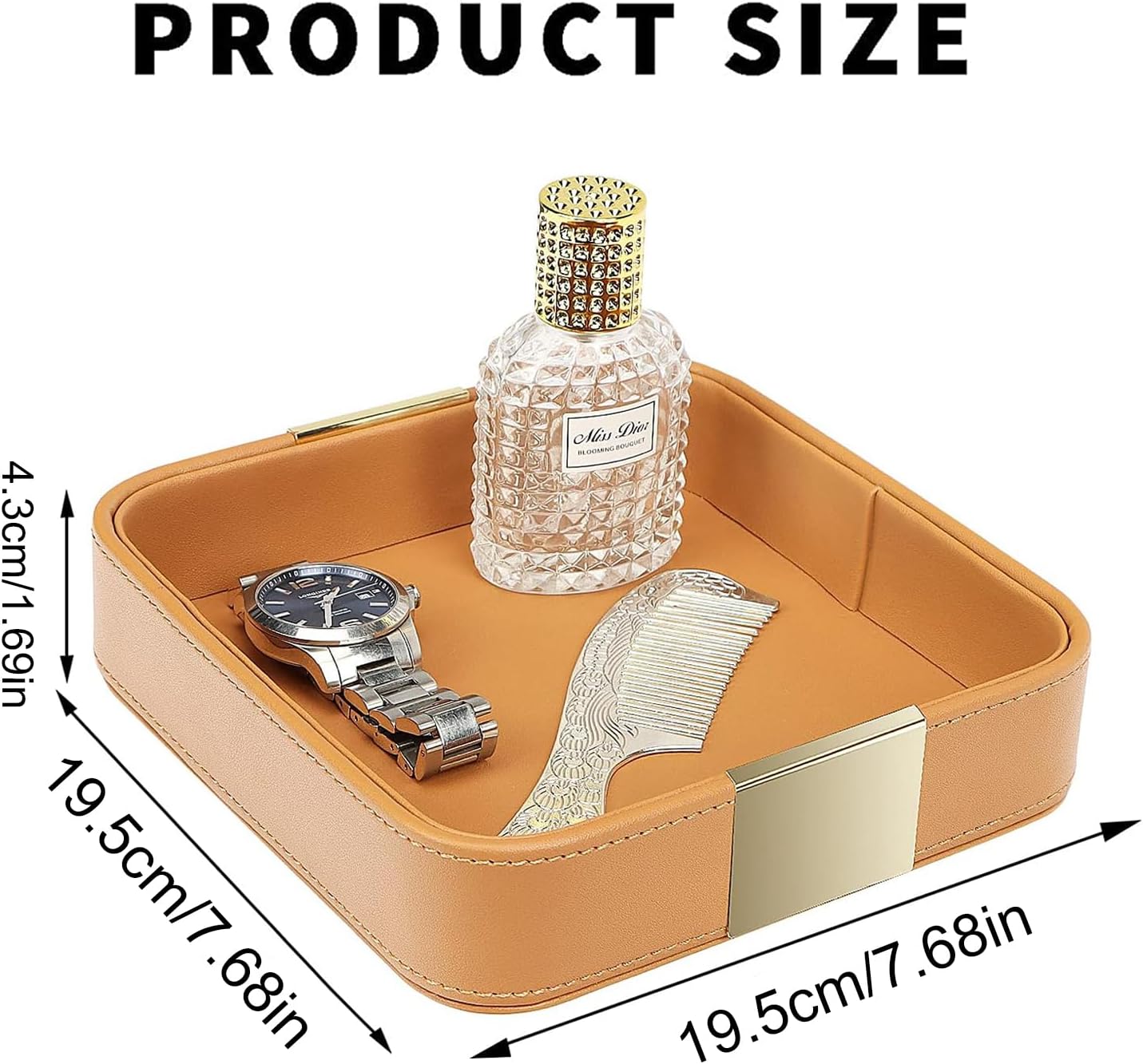 Leather Desktop Storage Small Catchall Organizer Decorative Tray / 7.7 x 7.7 x 1.7 / Orange