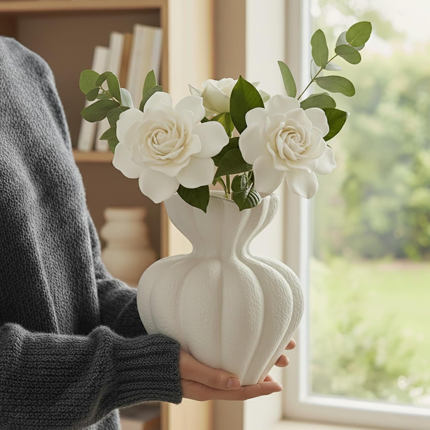Ceramic Vase / Modern Boho Flower Vase / Large / White / 8.2 Inch