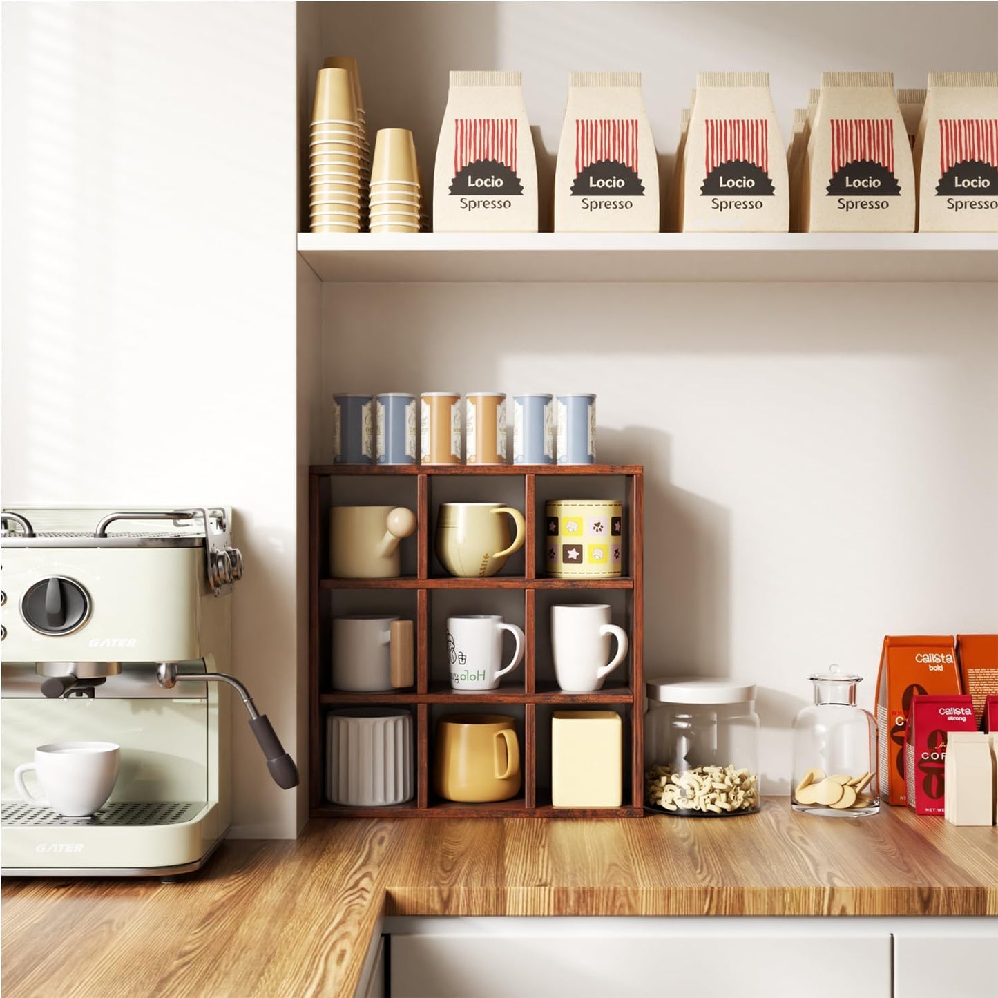 Helsin 9 Grid Vintage Coffee Mug Display Rack, 16inch Wall Mounted Wooden Curio Shadow Box Shelf, Cup Floating Shelves