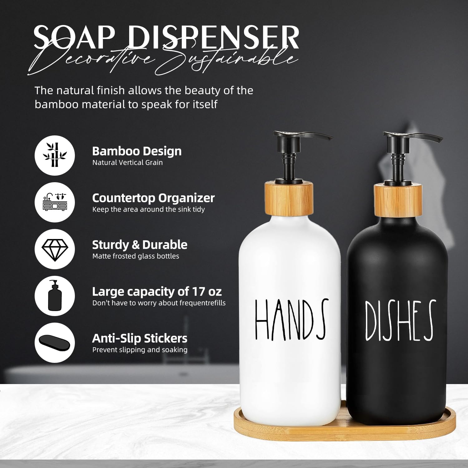 Arktek Glass Soap Dispenser Set with Tray, 2 Pack Hand and Dish Soap Dispenser Set for Bathroom and Kitchen Bottle