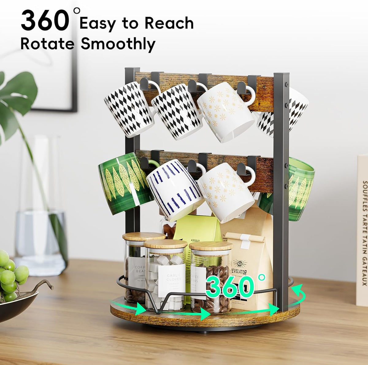 KLM Wood Coffee Mug Holder,12 Hook Mug Tree Holder Rack with Storage Base,Mug Display Organizer,Mug Holders for Home