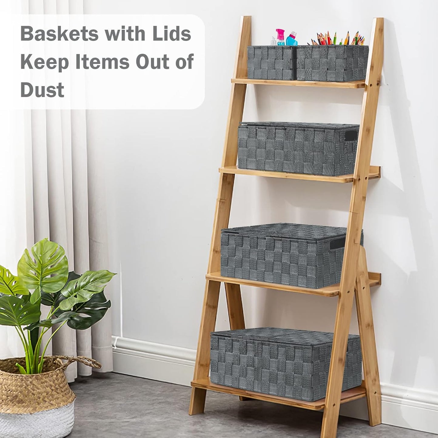 Woven Storage Box Organizer Containers Decorative Baskets Cube / Grey / with Lids / Set of 5