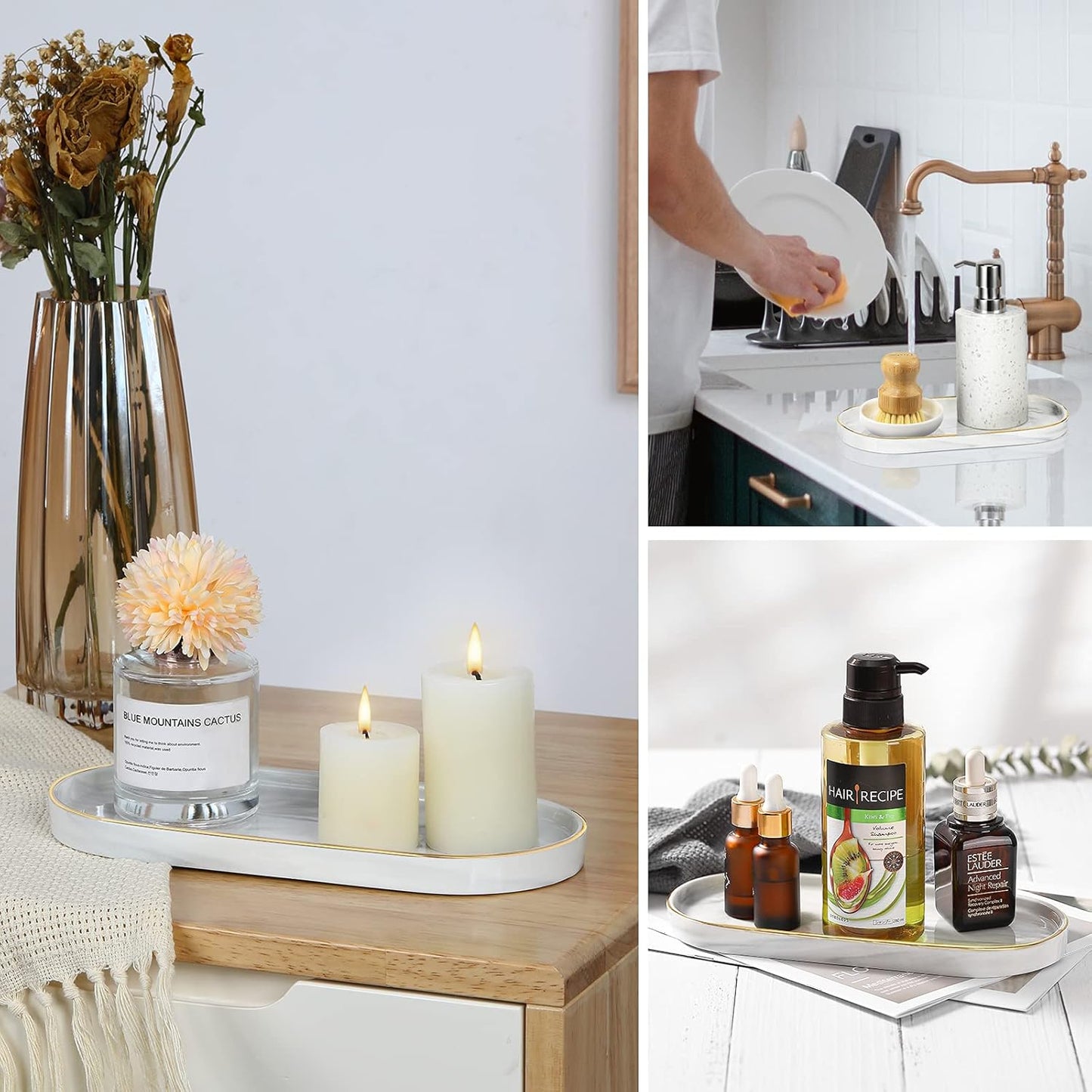 Bathroom Vanity Tray / Marble White+gold / Small
